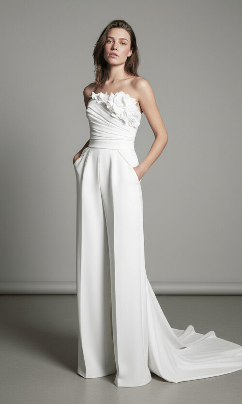 Asymmetric Floral Strapless Bridal Jumpsuit with Train