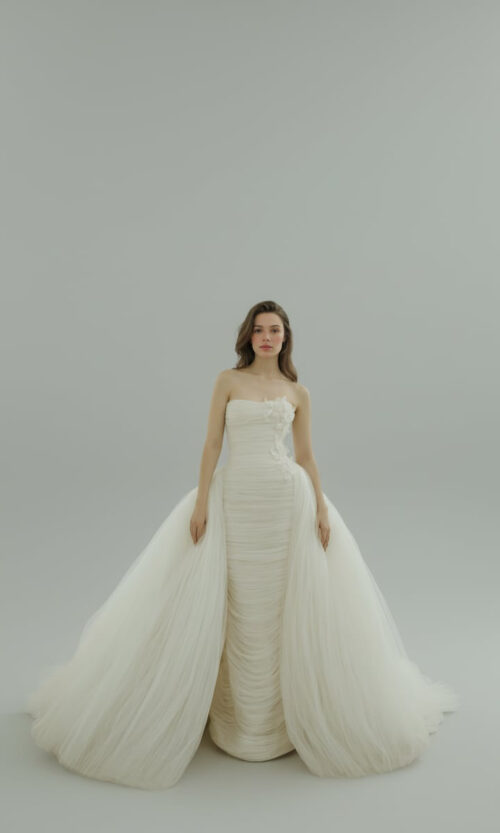 Strapless Draped Bridal Gown with Detachable Tulle Overskirt