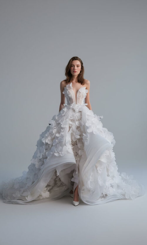 Floral Cascade Deep-V Couture Bridal Gown