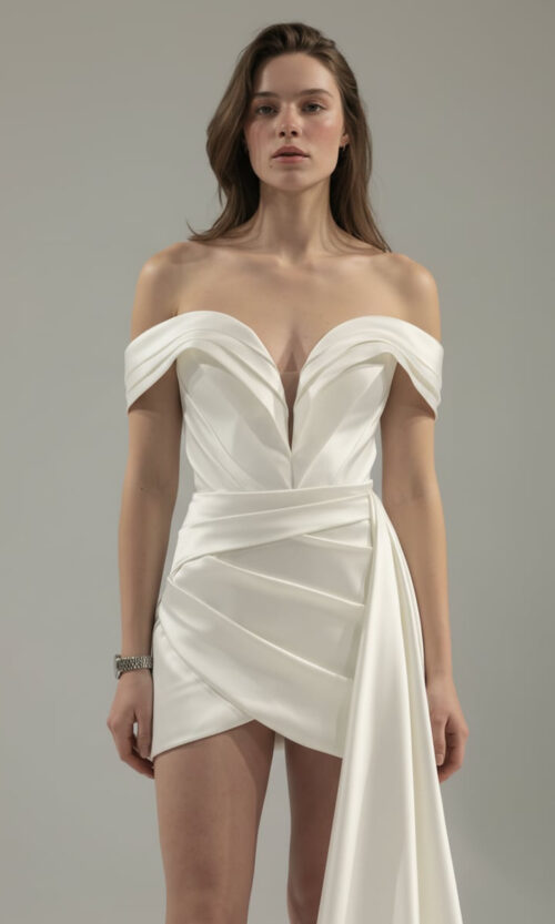 Off-Shoulder Corset Mini Dress with Draped Skirt