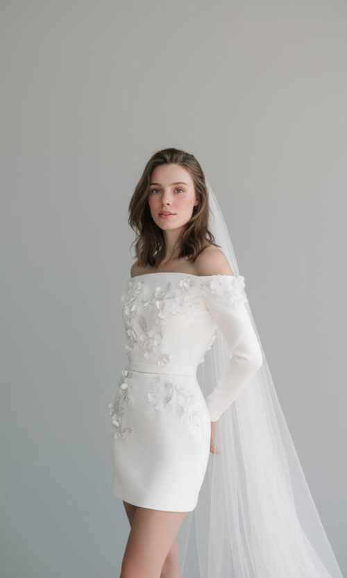 Off Shoulder Floral Appliqué Mini Bridal Dress