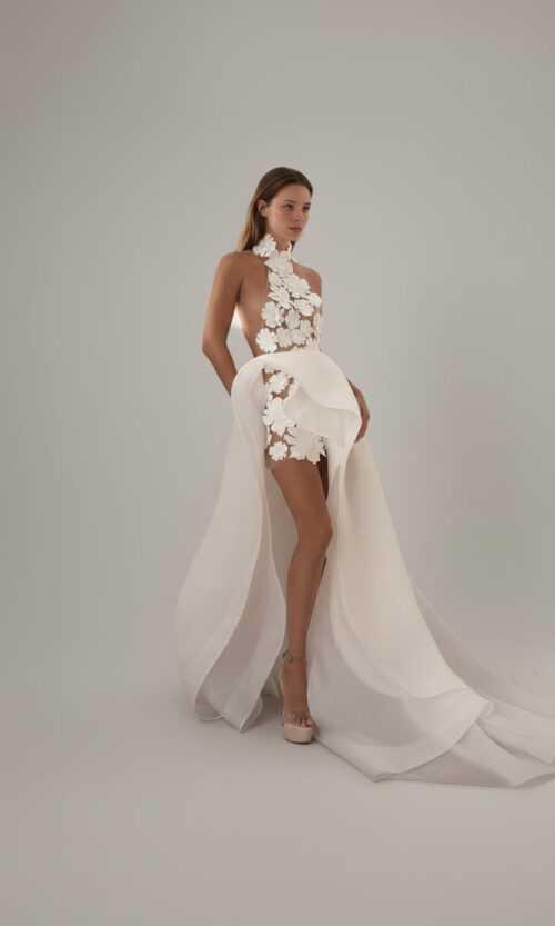 Deep Neck Floral Mini Dress with Organza Overskirt