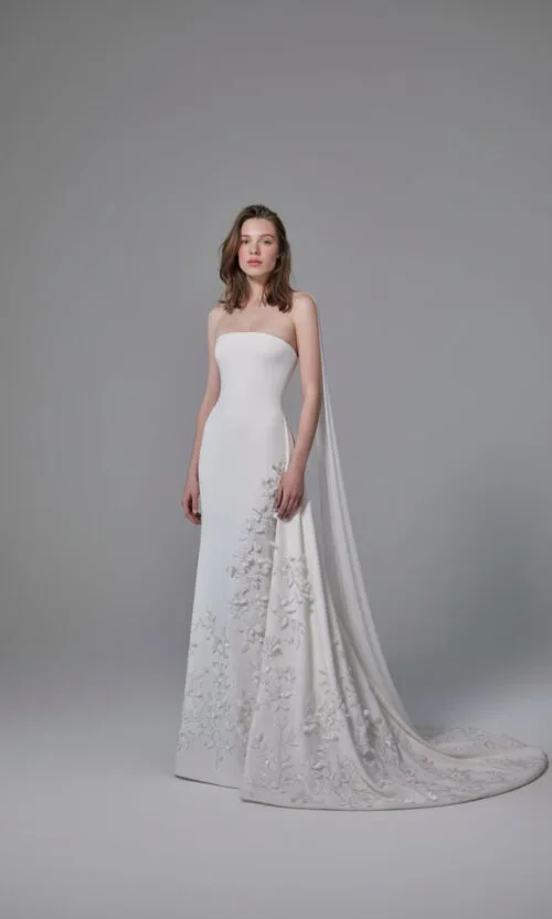 Strapless Floral Appliqué Column Bridal Gown with Train