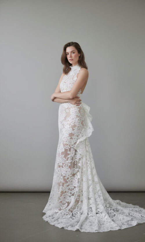 High-Neck Lace Couture Gown with Open Back