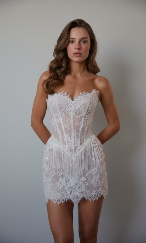 Strapless Lace Corset Mini Dress with Fringe Detail