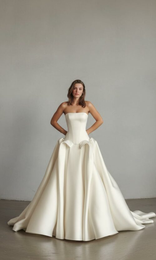 Strapless Sculptural Satin Ball Gown