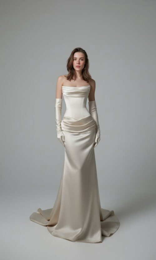 Strapless Draped Satin Column Bridal Gown