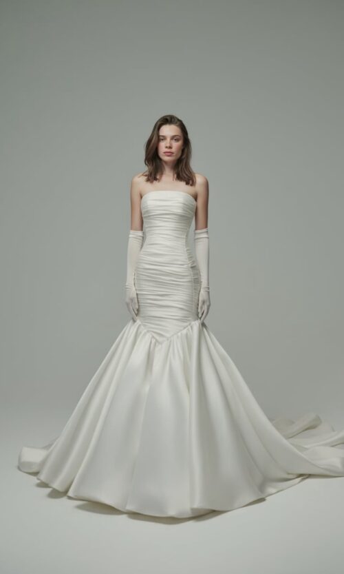 Strapless Ruched Mermaid Bridal Gown with Flared Skirt