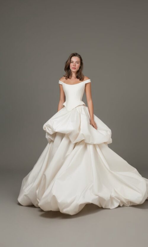 Off-Shoulder Corset Bridal Gown with Sculptural Balloon Skirt