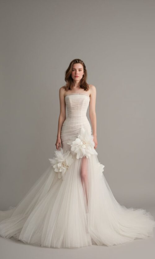 Strapless Floral-Detail Tulle Bridal Gown