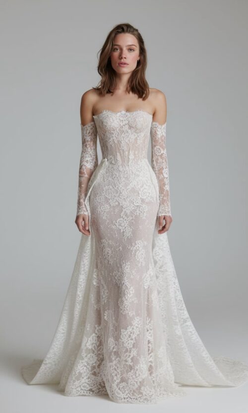 Off Shoulder Lace Corset Removable Back Skirt Bridal Gown