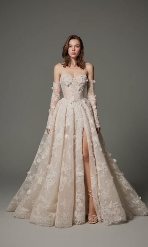 Off-Shoulder Floral Lace Corset Bridal Gown with Slit