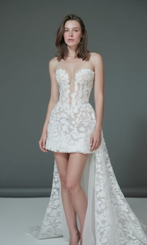 Strapless Floral Appliqué Mini with Detachable Train Dress