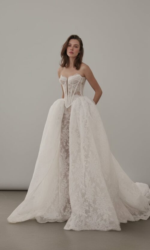 Strapless Lace Corset Gown with Detachable Overskirt