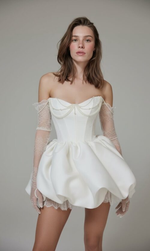 Sculpted Corset Mini Gown with Delicate Lace Arms