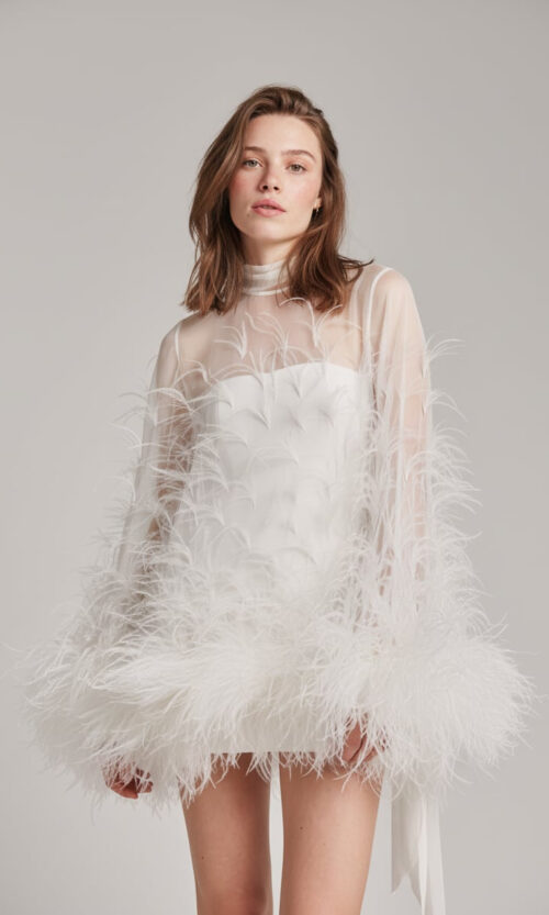 Feather-Trim Couture Mini Dress with Sheer Sleeves