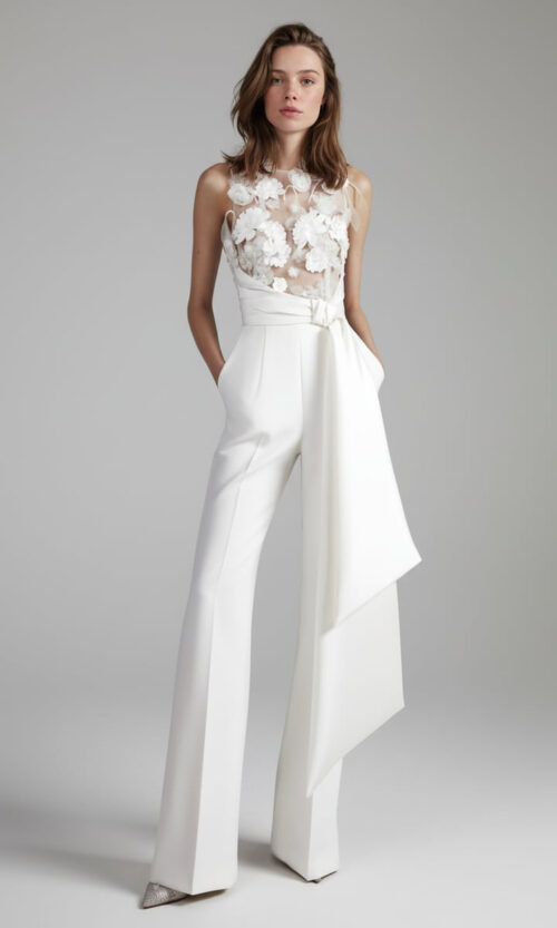 Couture Bridal Jumpsuit with Sculpted Floral Top