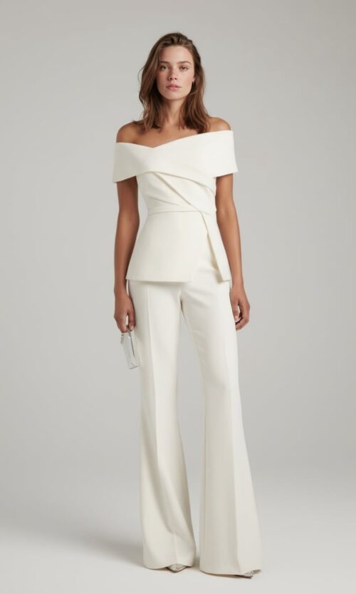 Minimalist Couture Bridal Suit with Wide-Leg Trousers