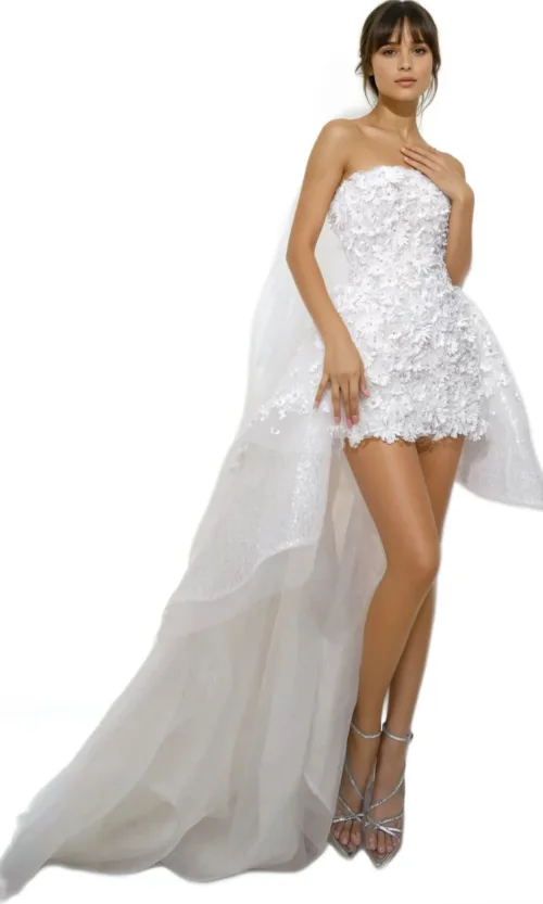 Strapless Floral Mini Bridal Dress with Detachable Tulle Train