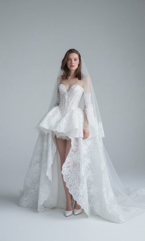 Strapless Lace Mini Bridal Dress with Detachable Overskirt