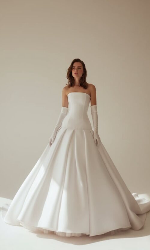 Strapless Satin Ball Gown with Pleated Skirt