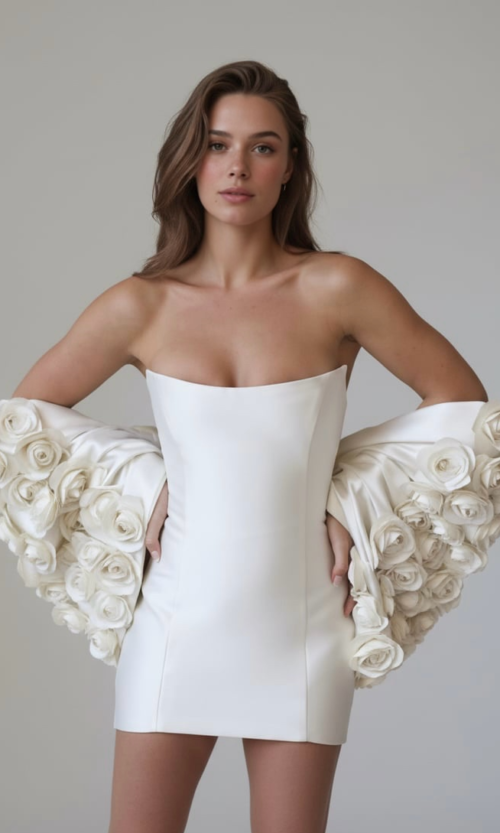 Strapless Mini Bridal Dress with Floral Statement Sleeves