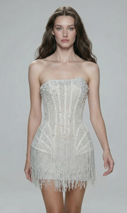 Strapless Beaded Fringe Mini AfterParty Bridal Dress