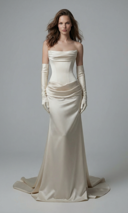 Strapless Draped Satin Column Bridal Gown