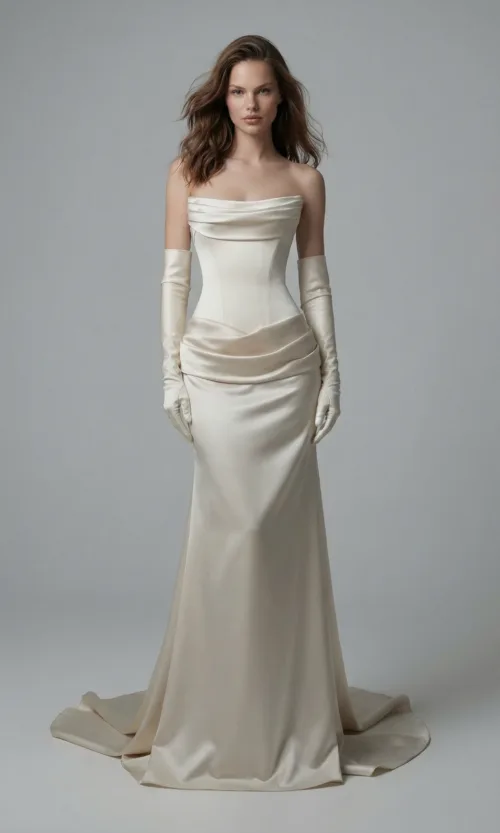 Strapless Draped Satin Column Bridal Gown