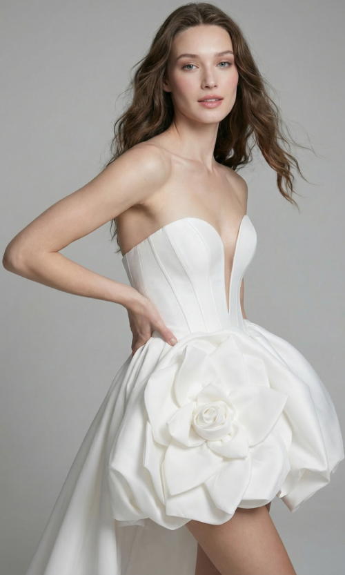 Plunging Corset Mini Bridal Dress with Sculptural Skirt