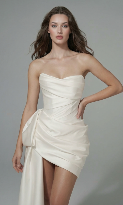 Strapless Draped Mini Bridal Dress with Side Bow