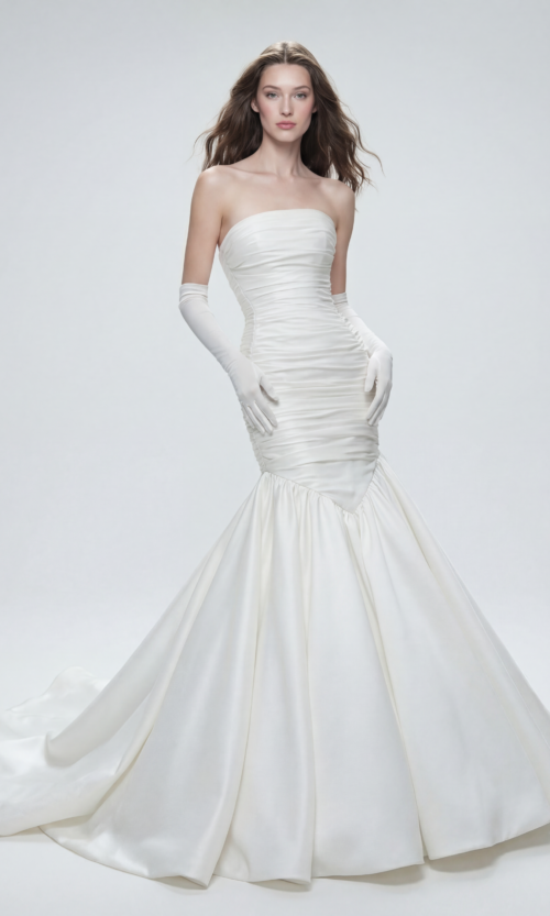 Strapless Ruched Mermaid Bridal Gown with Flared Skirt