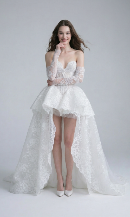 Strapless Lace Mini Bridal Dress with Detachable Overskirt