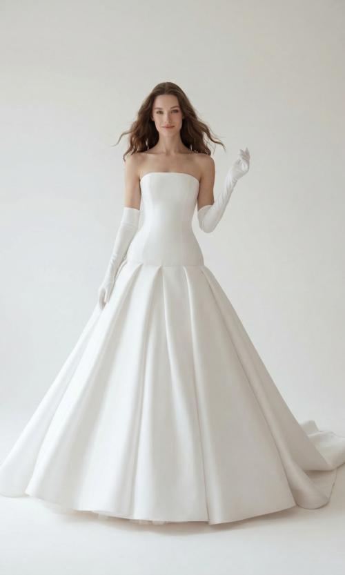 Strapless Satin Ball Gown with Pleated Skirt
