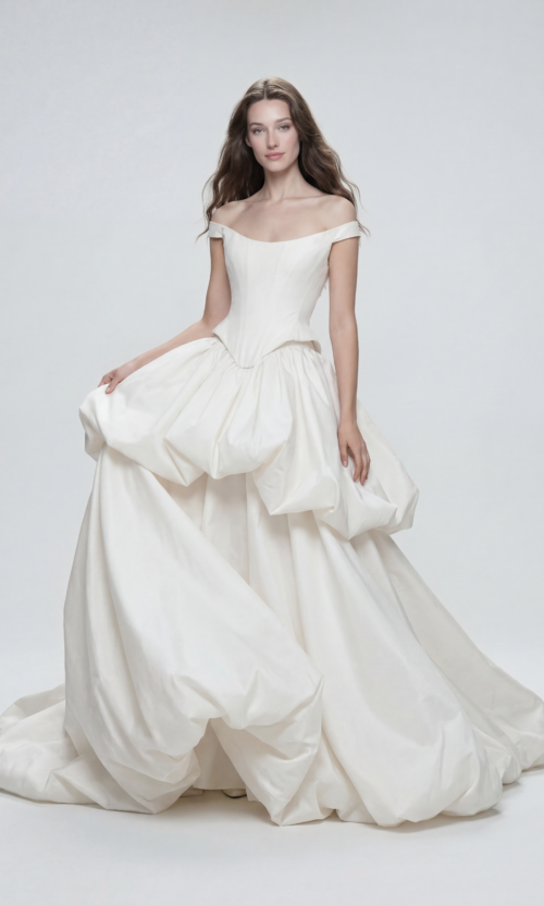 Off-Shoulder Corset Bridal Gown with Sculptural Balloon Skirt