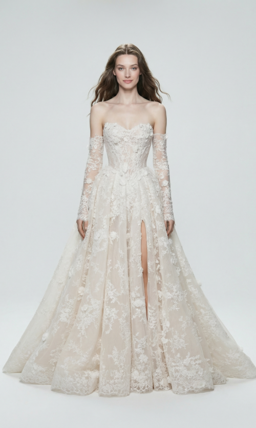 OffShoulder Floral Lace Corset Bridal Gown with Slit