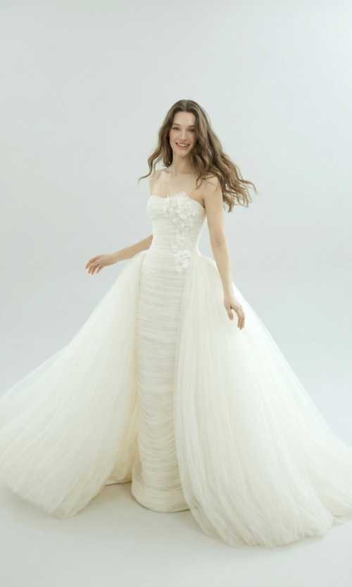 Strapless Draped Bridal Gown with Detachable Tulle Overskirt