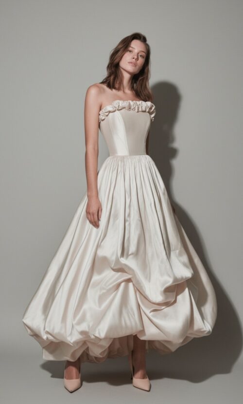 Strapless Ruffled Corset Bridal Dress with Sculptural Skirt