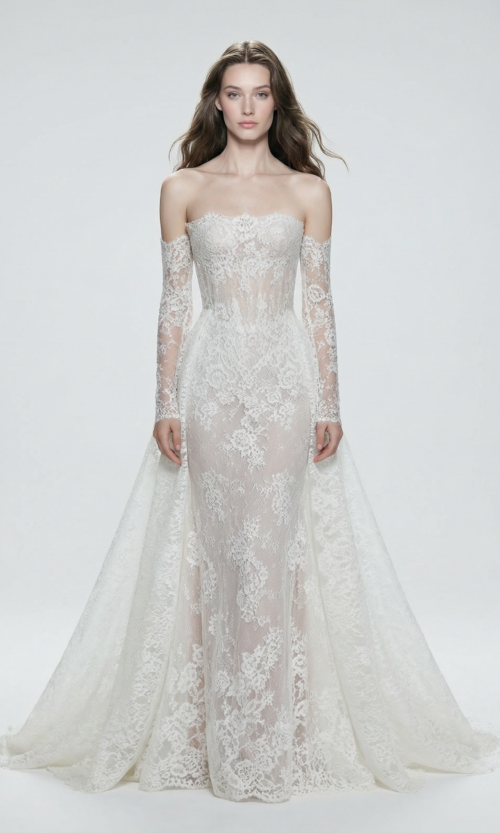 Off Shoulder Lace Corset Removable Back Skirt Bridal Gown