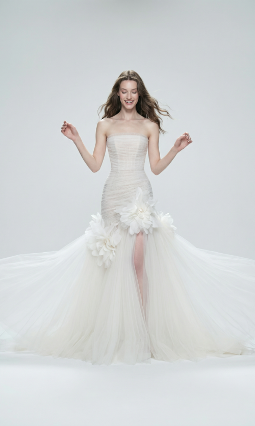 Strapless Floral-Detail Tulle Bridal Gown