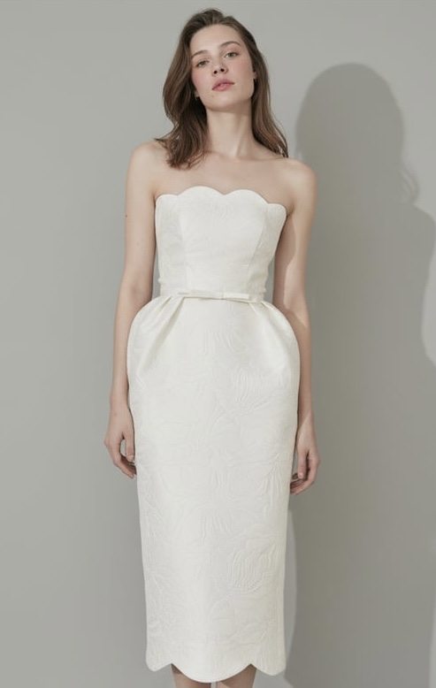 Strapless Jacquard Midi Bridal Dress