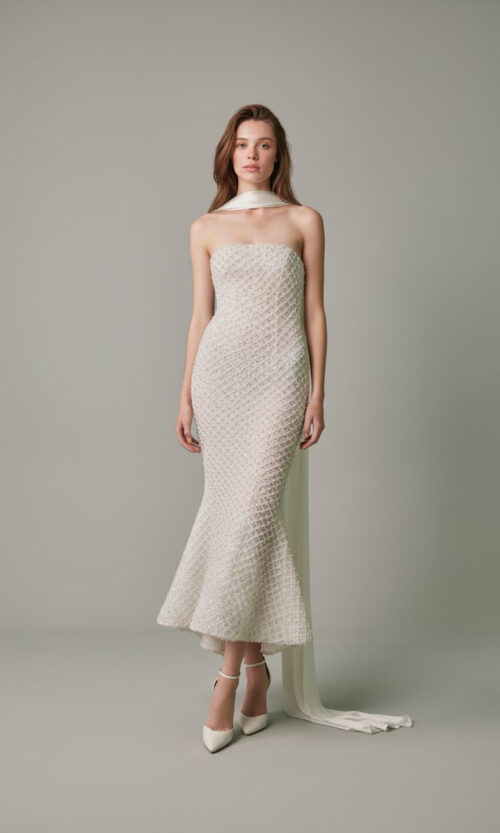 Textured Strapless Midi Bridal Dress with Scarf Detail