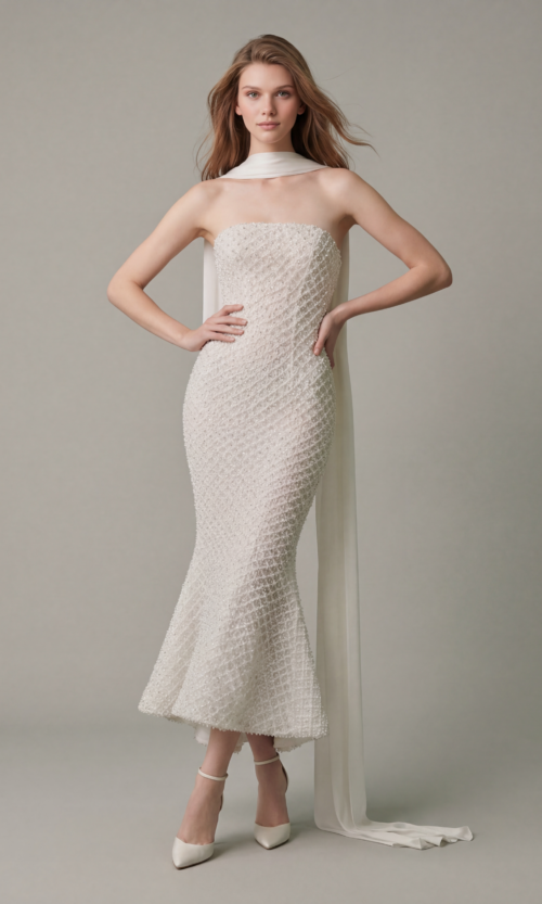 Textured Strapless Midi Bridal Dress with Scarf Detail