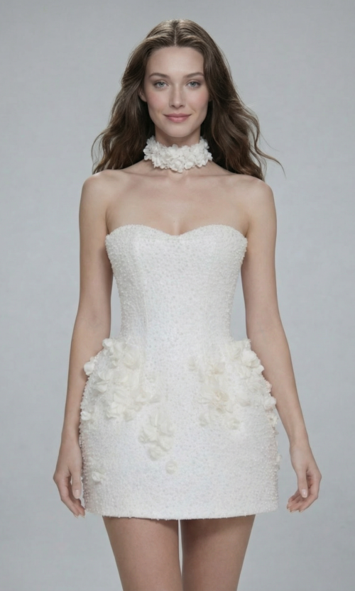 Strapless Floral Embellished Mini Pearl Bridal Dress