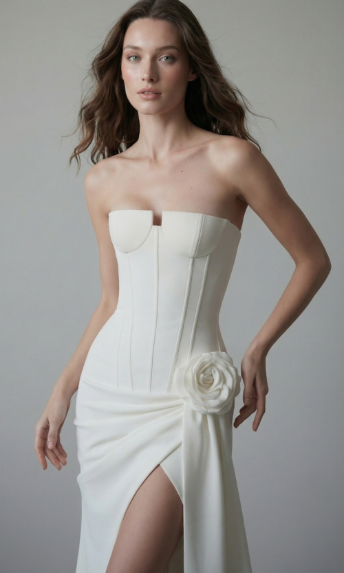 Minimal Corset Bridal Dress with Draped Flower Ankle Length