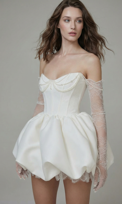 Sculpted Corset Mini Gown with Delicate Lace Arms