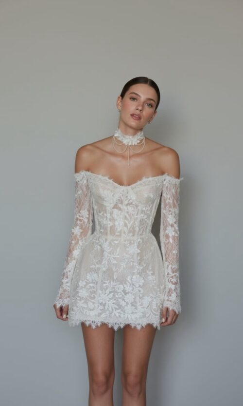 Off-Shoulder Lace Corset Mini Bridal Dress