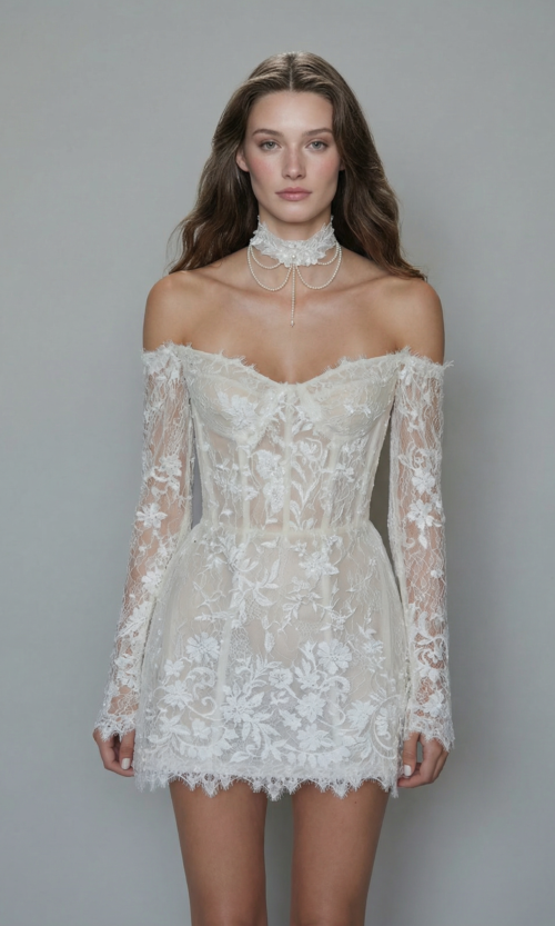Off-Shoulder Lace Corset Mini Bridal Dress