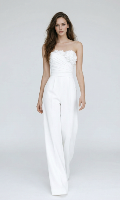 Asymmetric Floral Strapless Bridal Jumpsuit with Train