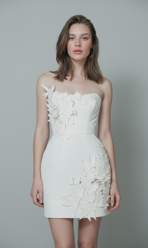 Strapless Mini Bridal Dress with 3D Floral Appliqué
